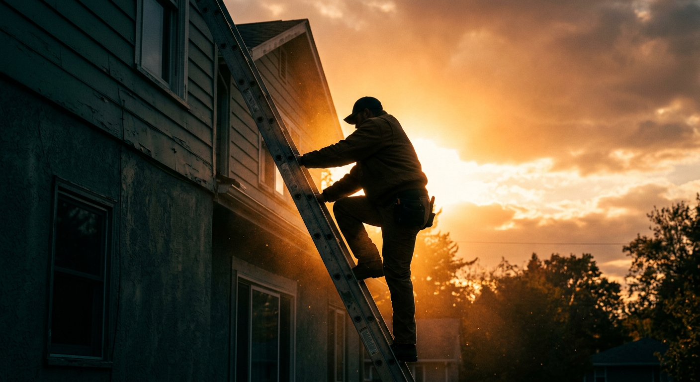 Field technician climbing ladder at sunset
