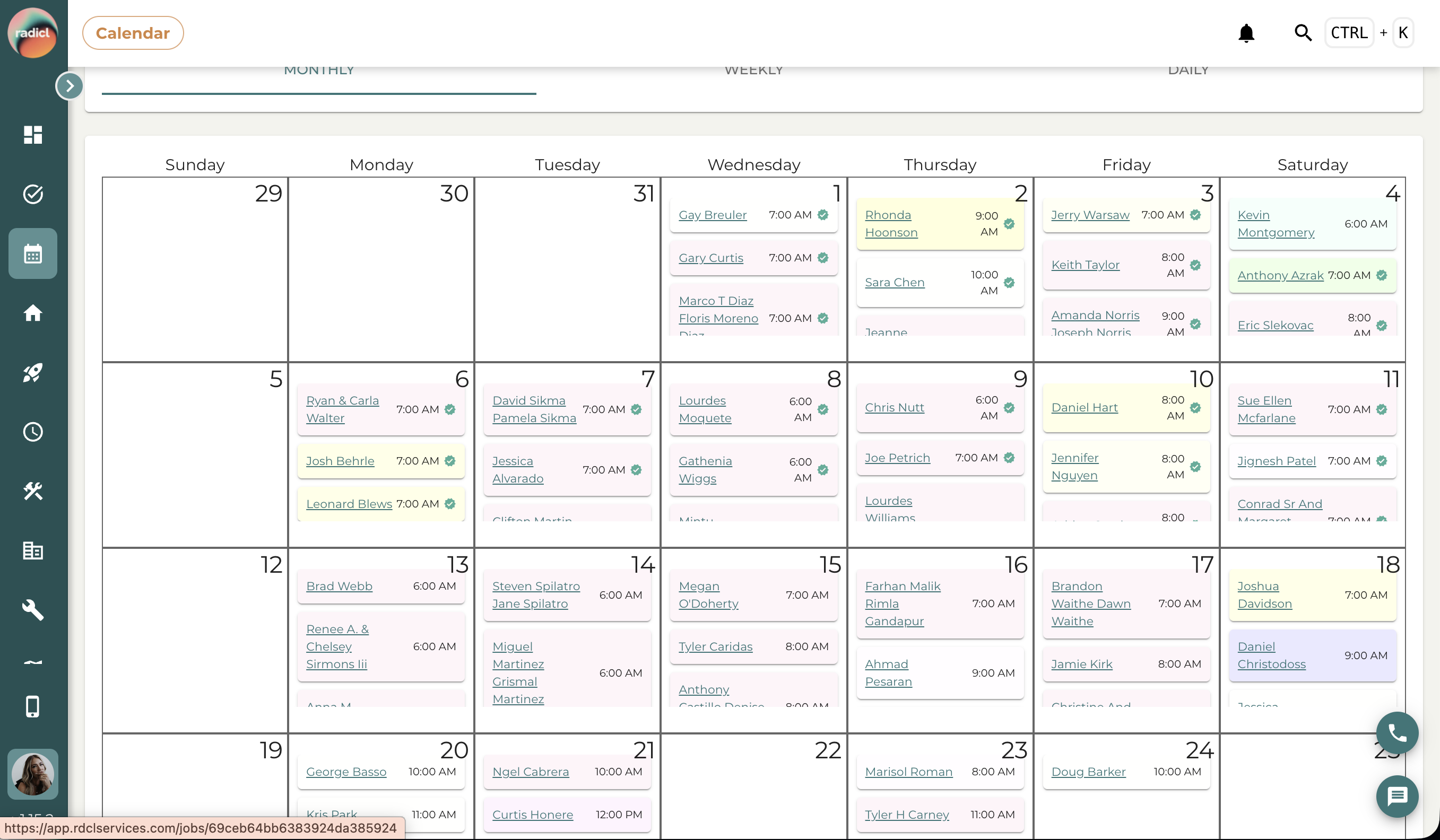 Radicl scheduling calendar with daily mission assignments