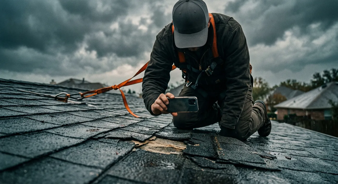 Roofing contractor documenting a roof with solar panels on a phone